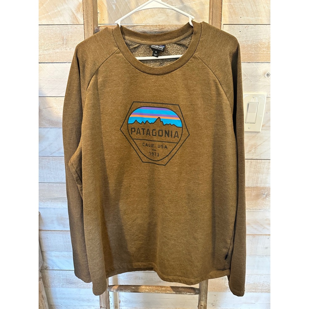 Patagonia Mens XL Brown Organic Cotton Graphic Crewneck Sweatshirt Raglan Sleeve